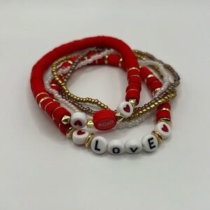 5PC Red and Gold Love Letter Faux Pearl Bracelet Stack